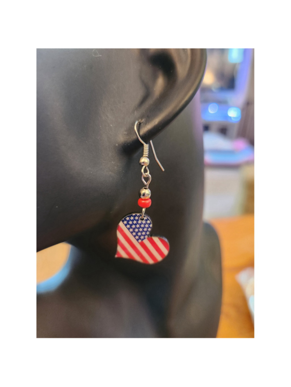 Heart Shape Red Blue Flag Earrings - Picture 2 of 6